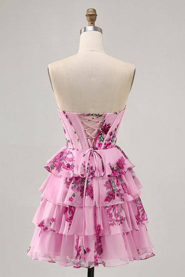 Tiered Pink Floral Strapless Cocktail Dress